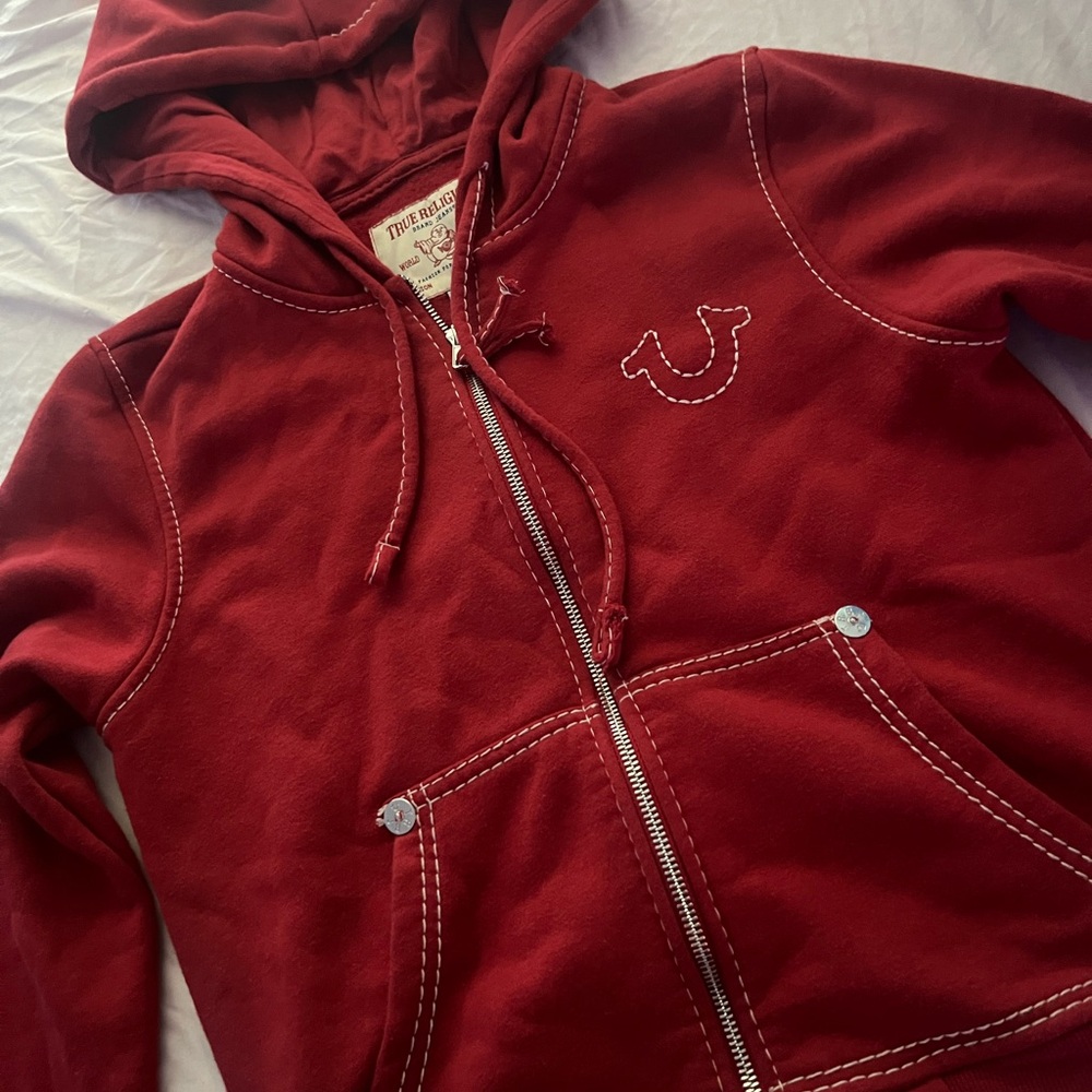 Unisex True Religion Red zip up hoodie